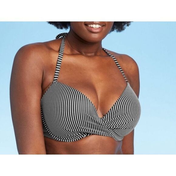 BOGOF Shade & Shore Black Striped Light Lift Padded Twist Bikini Swim Top 34B - Picture 1 of 10